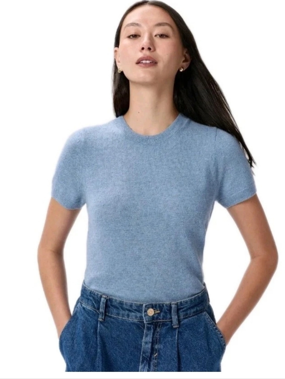 Quince Mongolian Cashmere Crew Neck Short Sleeve Sweater In Blue Size Small